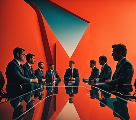 Corporate Meeting - Businessmen in suits sitting at a large table in a conference room