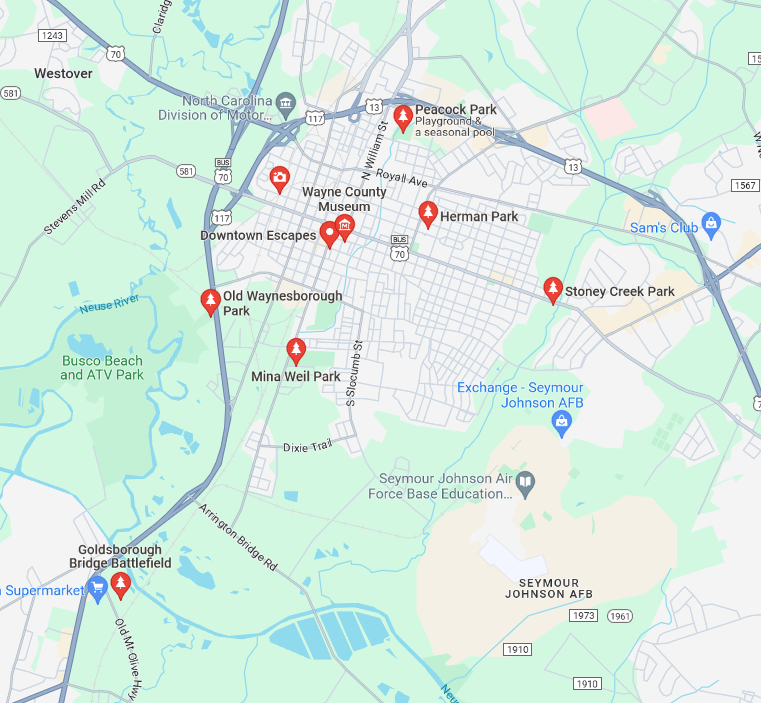 Limousine Service Map for Goldsboro, NC