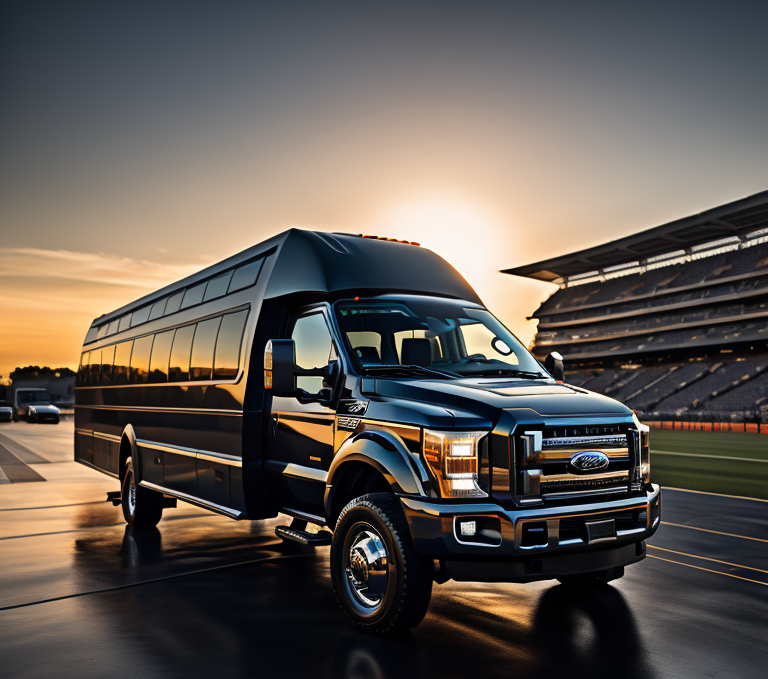 Black Ford F550 Tailgating Party Bus in the Stadium Parking Lot on Gameday